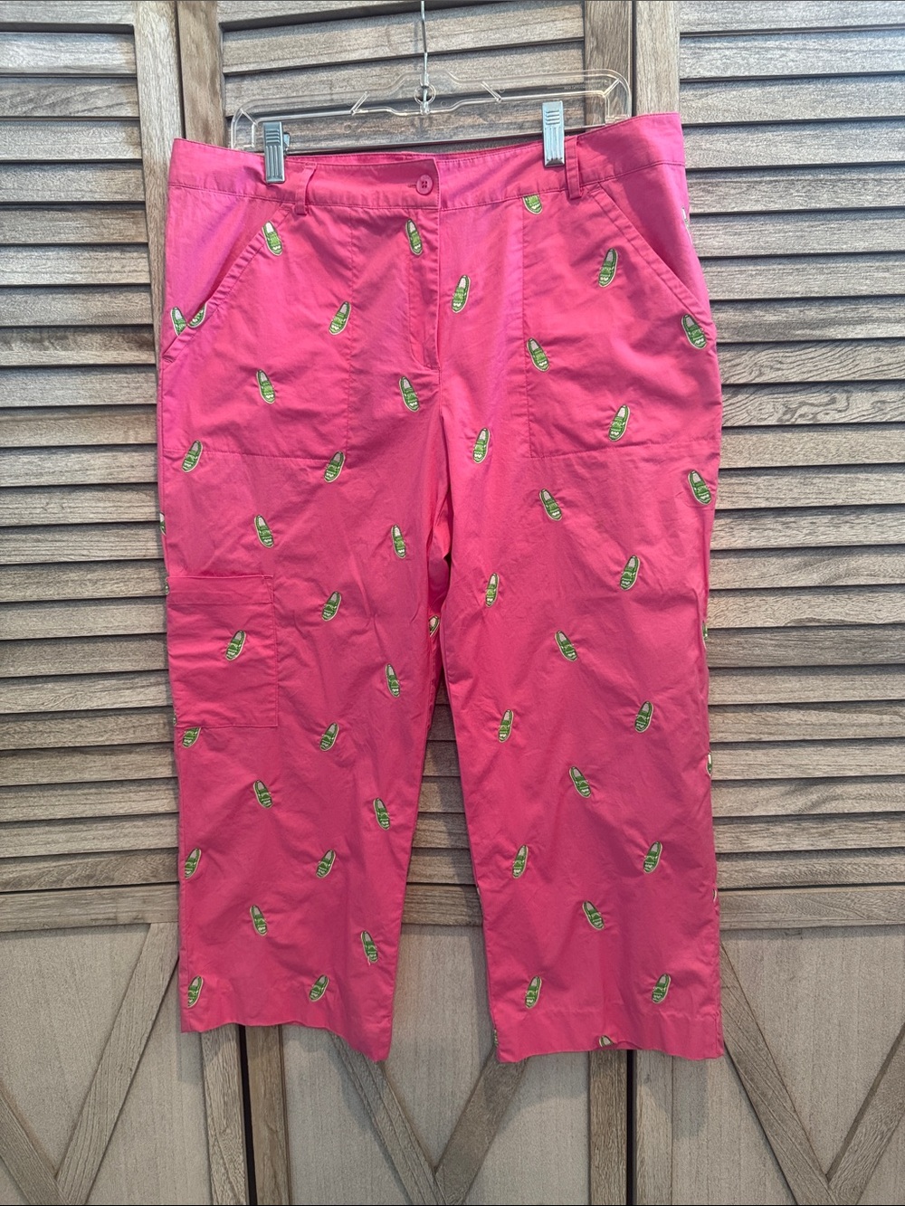 Lilly Pulitzer Pink Cropped Pants with Green Flip-Flop Embroidery